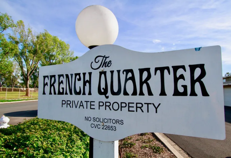 name board which indicate that these property is belong to a private person which is stand in french quaters of costa mesa california