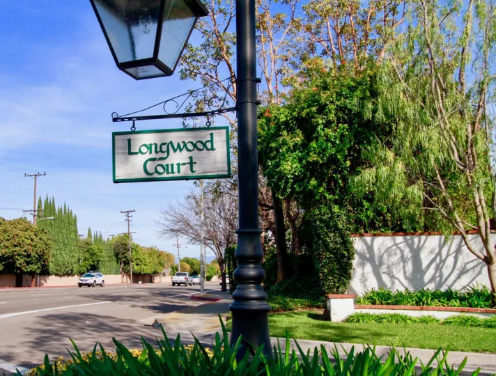 A street sign to the entrance of Longwood Court in the city of Costa Mesa, California.
