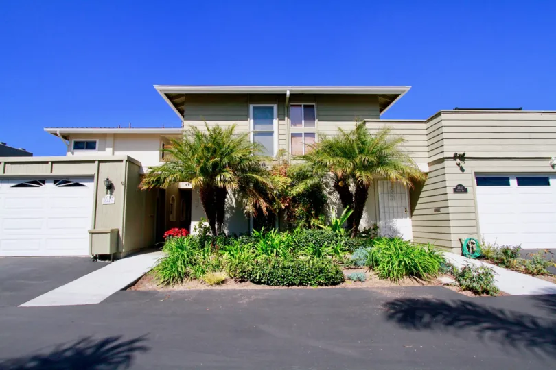 Newport Riviera Costa Mesa California building light brown color paint window glass attached front to big tree