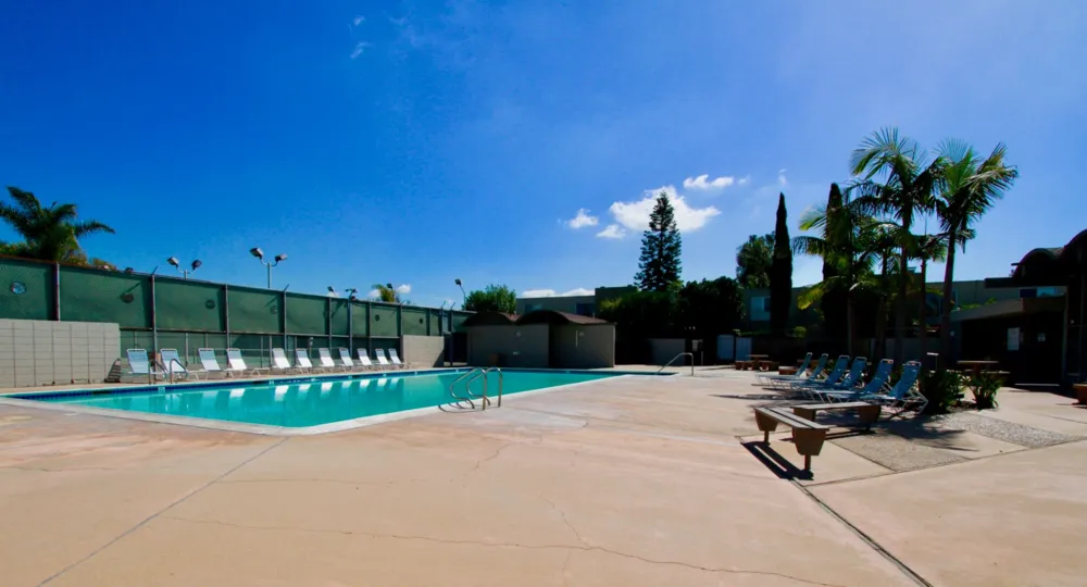 Newport Riviera pool with benches and deck chairs on a sunny day.