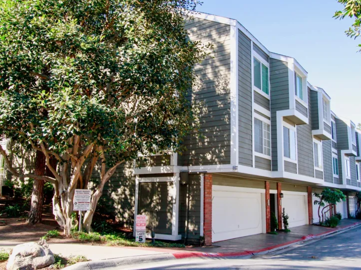 A row of the modern, grey town-homes at Pentridge Cove.