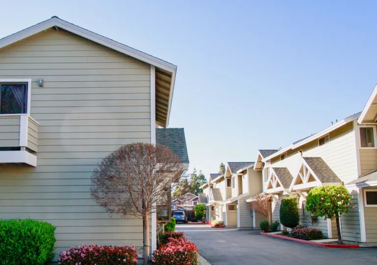 trees along the street of the Quiet Bay Townhomes community