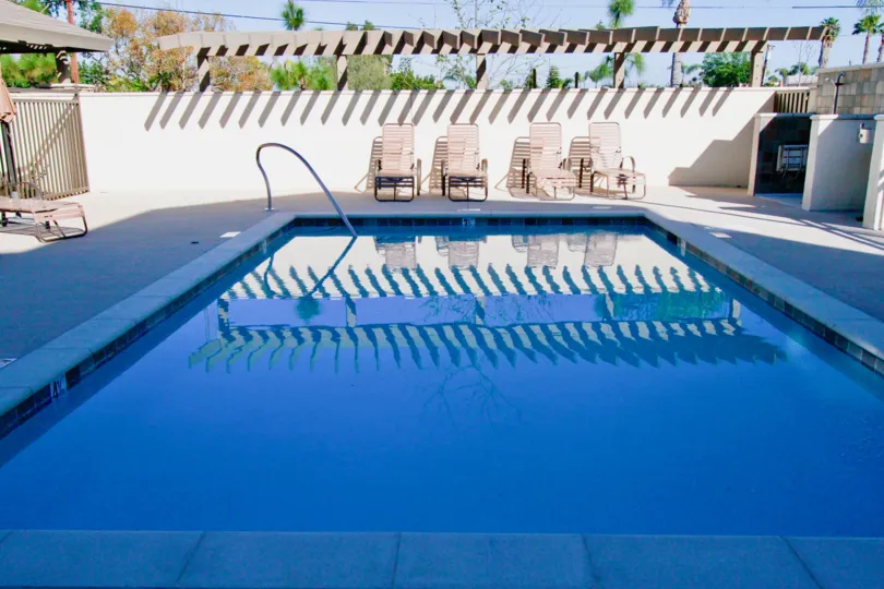 THE SWIMMING POOL WITH REST CHAIRS AND SOME TREES AND PLANTS OUTSIDE OF THE POOL LOCATED OUT OF THE WALL AND IT LOOKS LIKE MORNING TIME