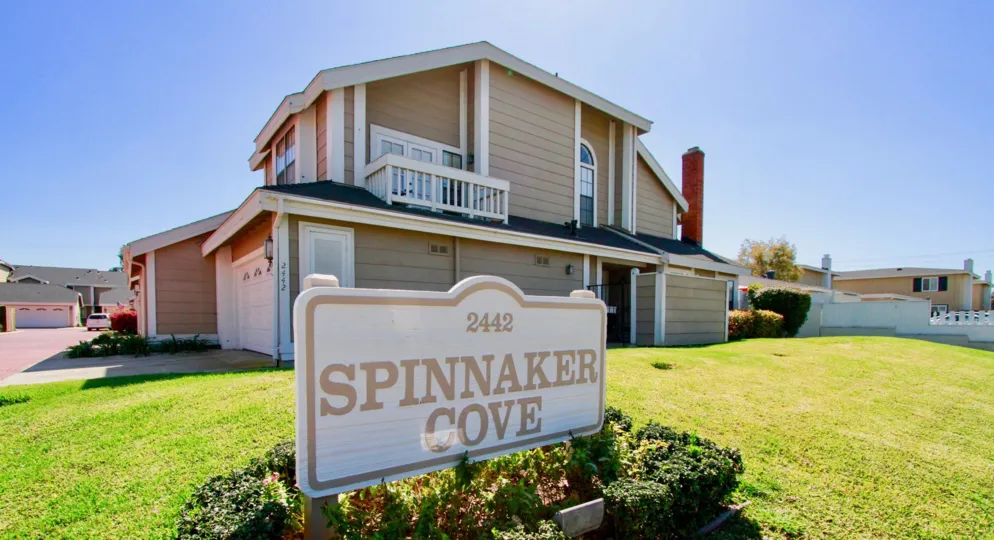 Beige, two story home, modern, Spinnaker Cove, Costa Mesa, California