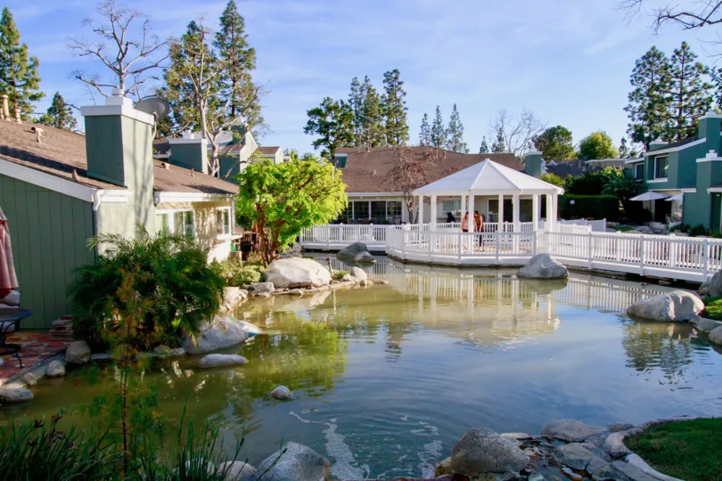 Walk the bridge overlooking this pond at the Village Creek community