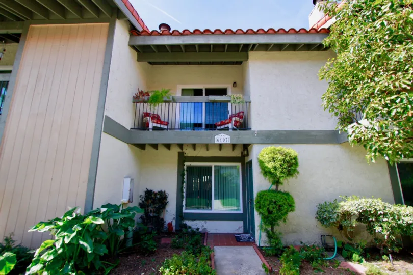 A sunny day at a two-floor house in Cypress College Townhomes community.