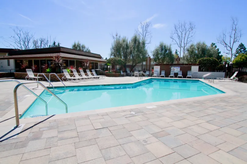 A nice sunny day surrounding the pool and beachchairs.