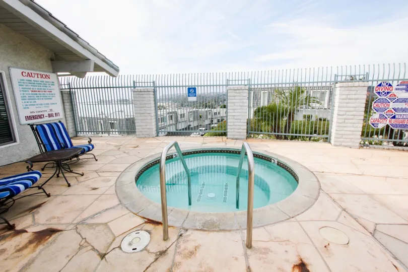 a warm day in the dana bluffs with building that has swimming cleaned wated and out gates
