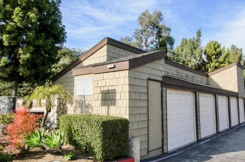 A sunny day in Dana Terrace with in front of a garage.
