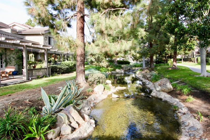 a sunny day in the Old Mill Pond with a building that has water flow and the large garden