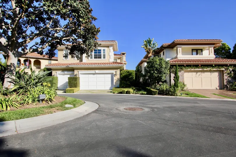 Front driveway with trees of Pointe Monarch community, Dana Point, California