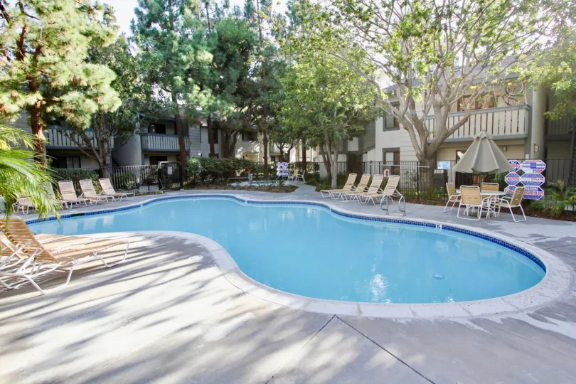 A sunny day in the Spinnaker Run with a swimming pool and trees.