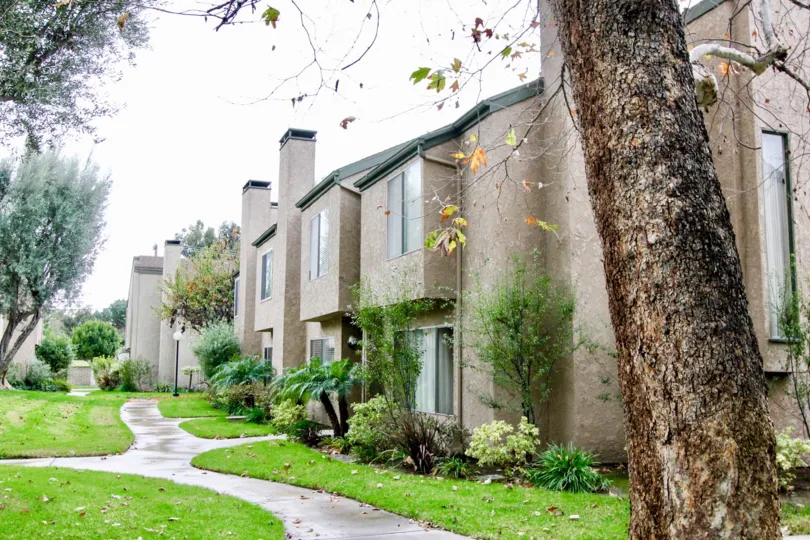 The back side of an apartment complex with sidewalks running between buildings and grass and other plants on each side.
