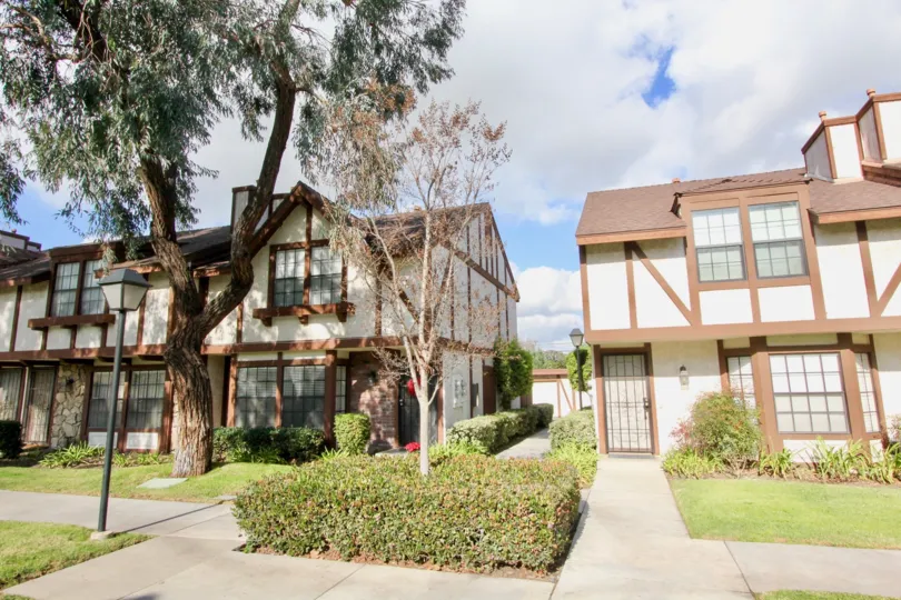 Sidewalk to a home in the Chelsea Park Estates with bushes and trees.