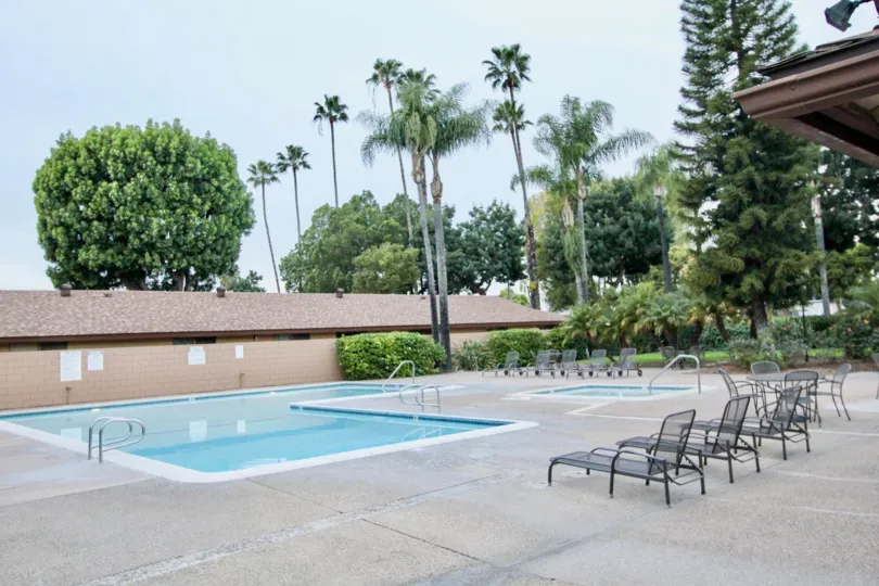 A day in the Coco Palms with a swimming pool and chairs.