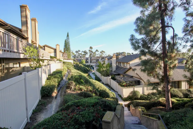 A staircase in the Coyote Hills Greens community with trees and other plants.