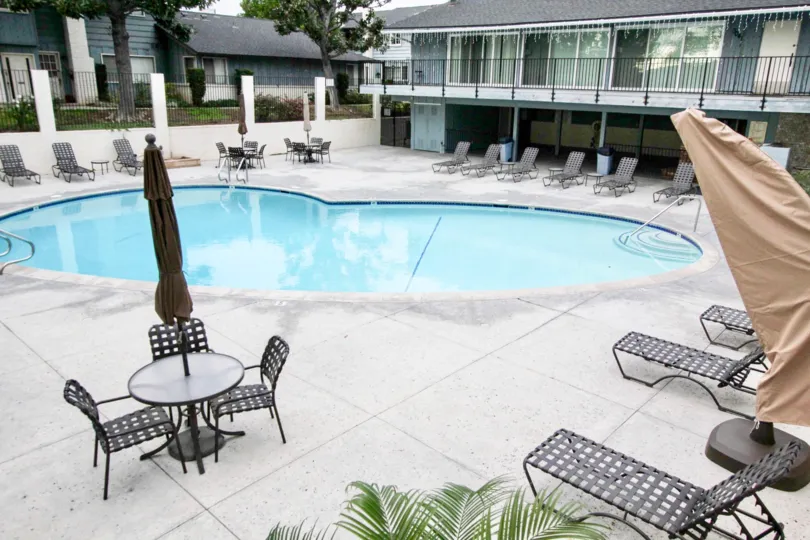 Wrap around balcony in front of pool at Foothill Village Fullerton CA