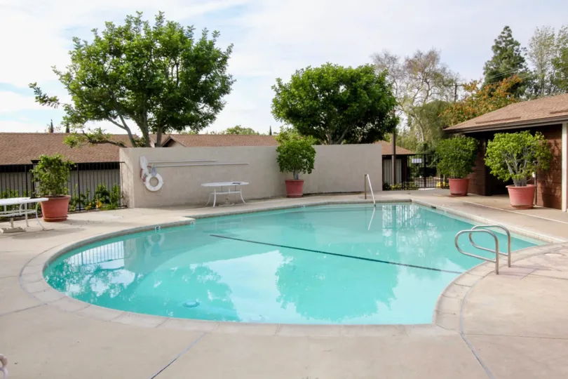 A sunny day in the Fullerton Pines with a swimming pool and plants.