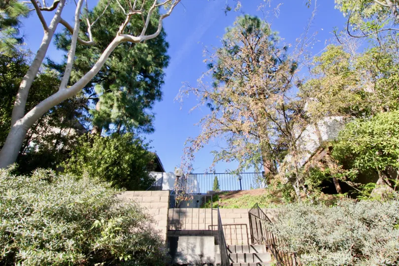A steep stairway surrounded by trees that leads to housing at Gilbert Vista in Fullerton CA