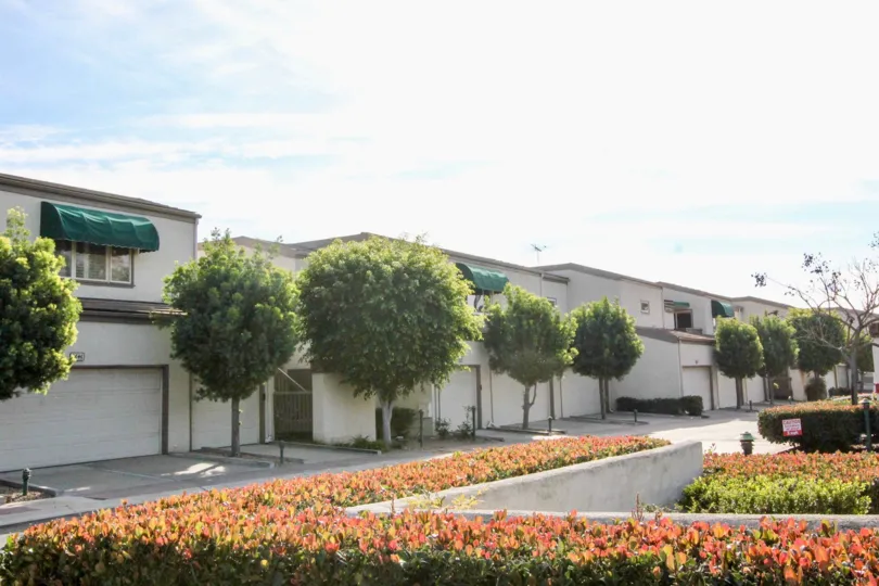 Identical homes in the Greenview Terrace community with trees and flowers.