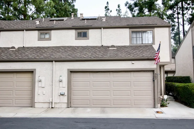 A sunny day outside the Hidden Lakes townhouses in Fullerton, California