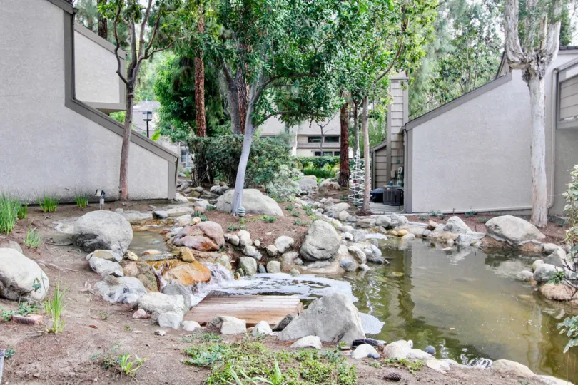 A stream in the Hidden Lakes community with lakes and trees.