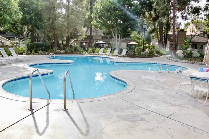 Private freeform swimming pool with chaise lounges, tables and chairs surrounded by tall trees in Hidden Lakes, Fullerton, CA