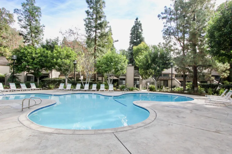The sunny day in the Hidden Lakes with swimming pool and garden.