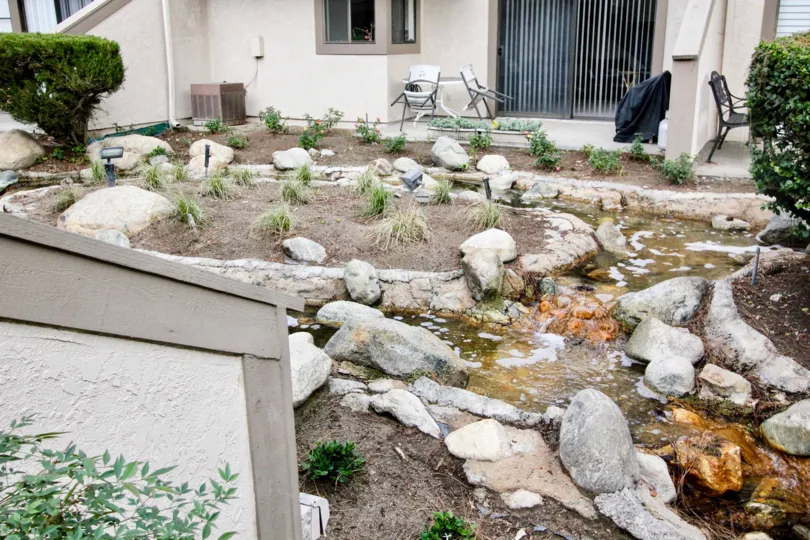 Hidden Lakes Fullerton California irregular stones at front resemble a raw forest like experience