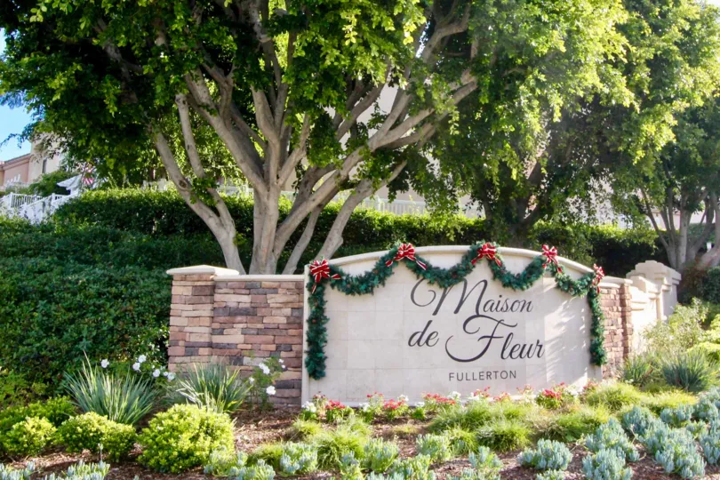 A sunny day at the entrance to the Maison de Fleur community in Fullerton, Californa