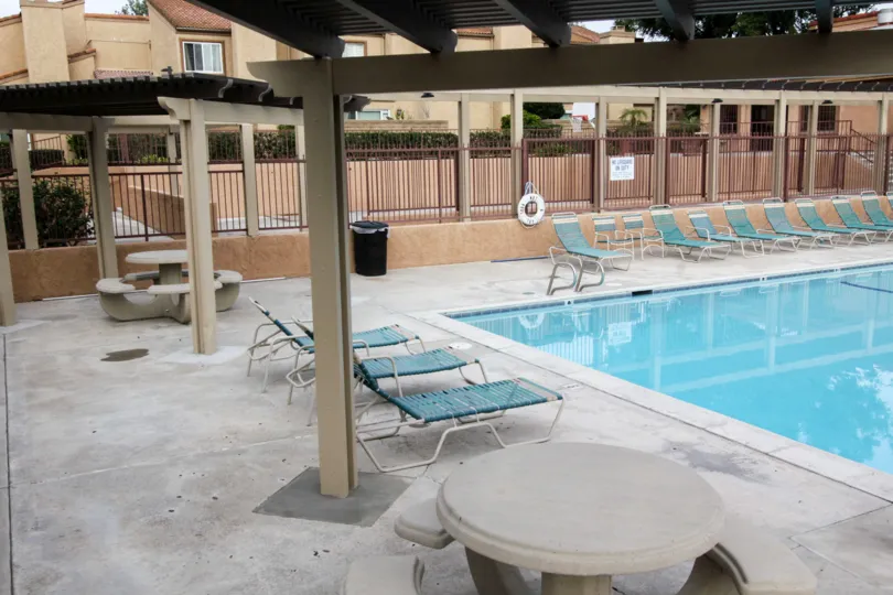 A sunny day beside the swimming pool at Mark III Townhomes in Fullerton California