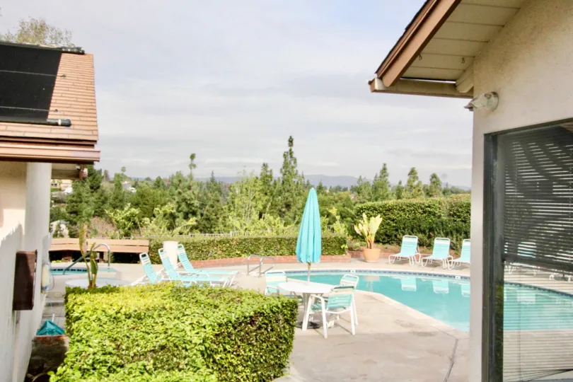 A large pool with lawn chairs around it and plants behind it in shadow lane community in fullerton, california.
