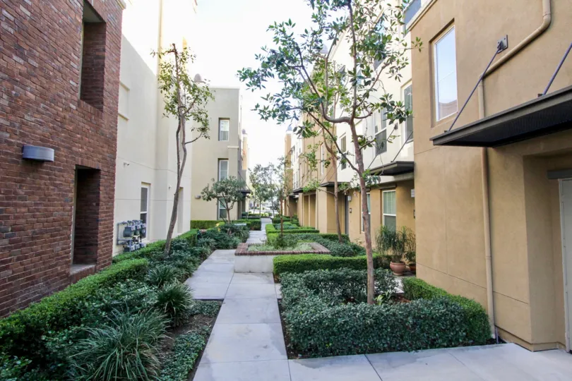 several big colored buildings with plants in soco walk community in fullerton, california.