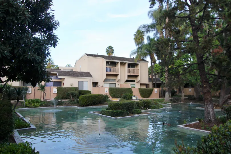 An elaborate garden and pool at the Water Gardens in Fullerton Califonia