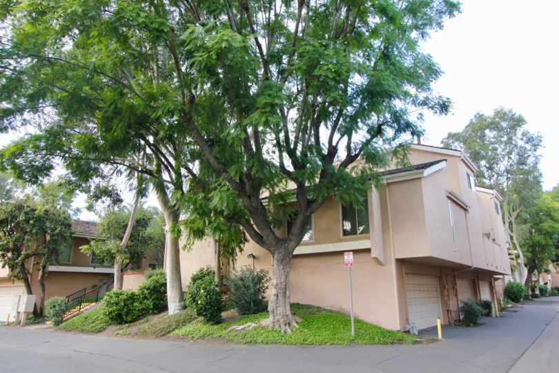 Water Gardens Fullerton California with big dark trees branches over the building spots are nice to see