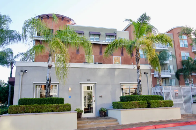 Front door to the lobby of beautiful apartment complex. Two palm trees on each side of the door decorate the scene.