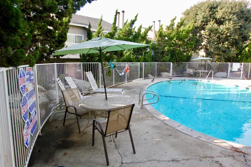 THE HOUSE IN THE COBBLESTONE CREEK WITH THE SWIMMING POOL, UMBRELLA, DINING TABLES, PLANTS, TREES