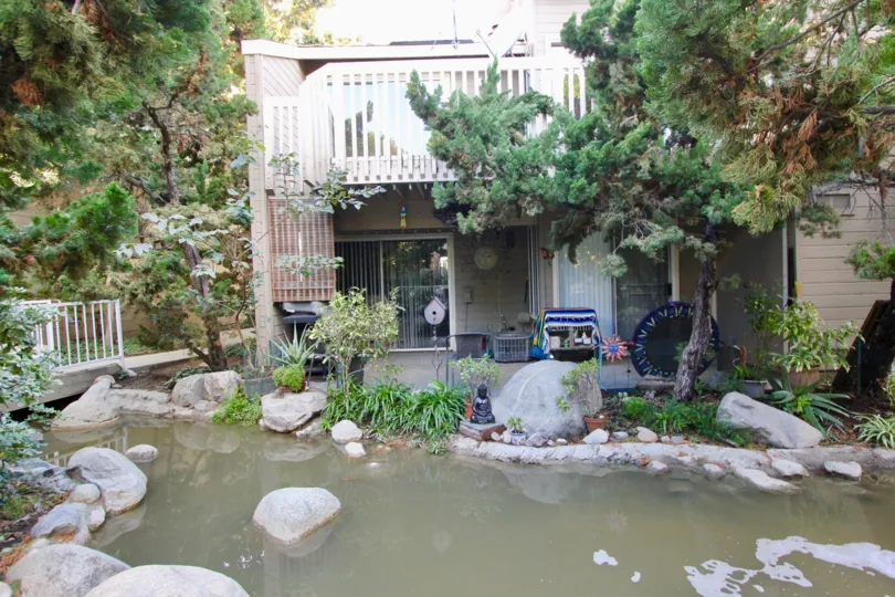 THE FLAT IN THE COBBLESTONE CREEK WITH THE STONES, WATER, PLANTS, TREES