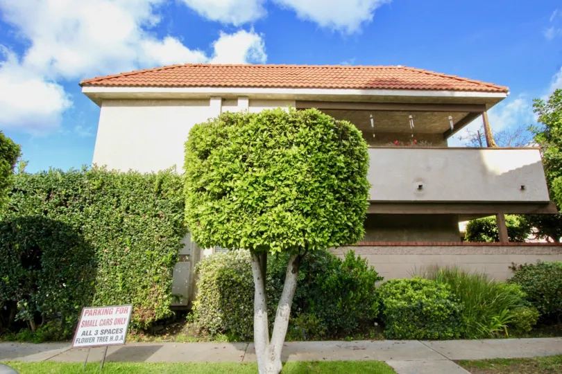 A home in a warm climate with a porch and a large bush in front.