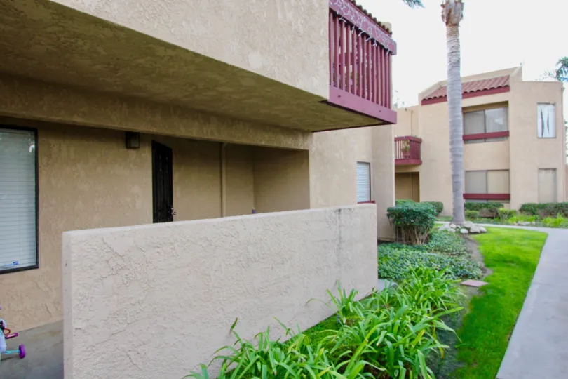 house with beige colour and green grass with a palm tree in front