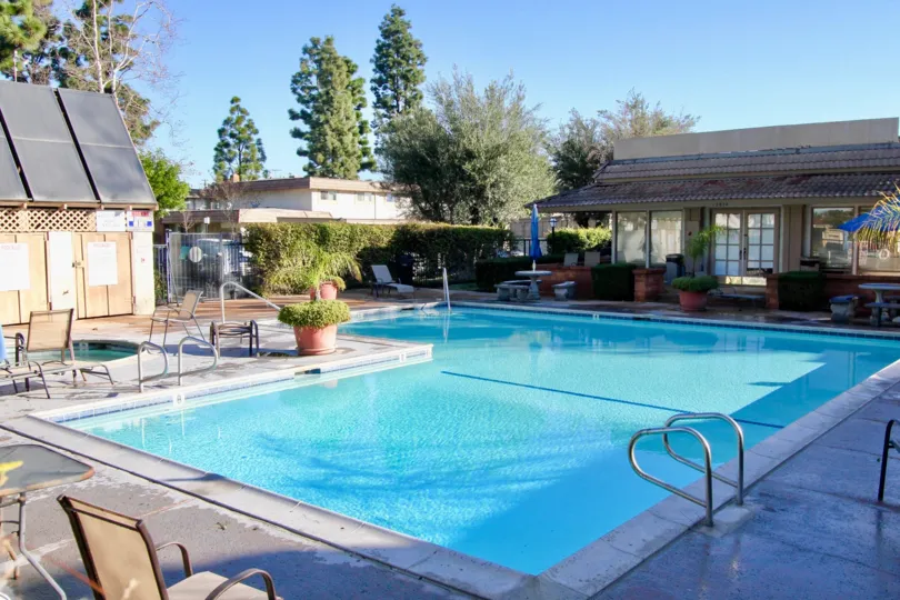 Crystal clear water shimmers in the pool on a sunny day at Garden Park in Garden Grove, CA