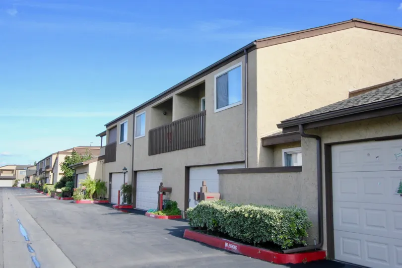 A set of balconied townhomes in the Garden Terrace Townhomes area of Garden Grove, California.