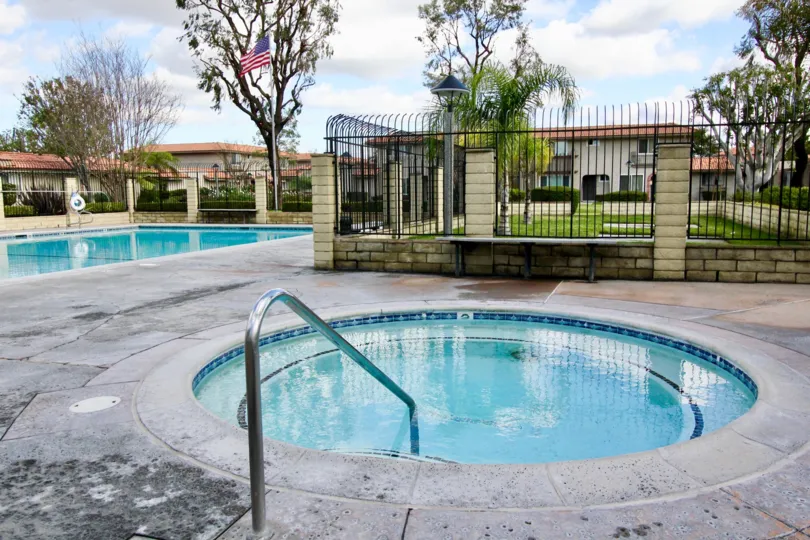 THE FLAT IN THE LA JOLLA PLAZA WITH THE SWIMMING POOL, FLAG, PLANTS, TREES