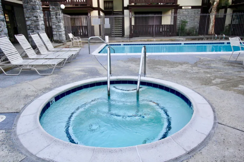 THE FLAT IN THE LES JARDINS WITH THE SWIMMING POOL, TABLES, LAMP, PLANTS
