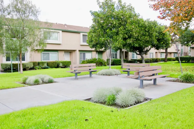 THE HOUSE IN THE PACIFIC GARDENS WITH THE LAWN, STONE BENCHES, PLANTS, TREES