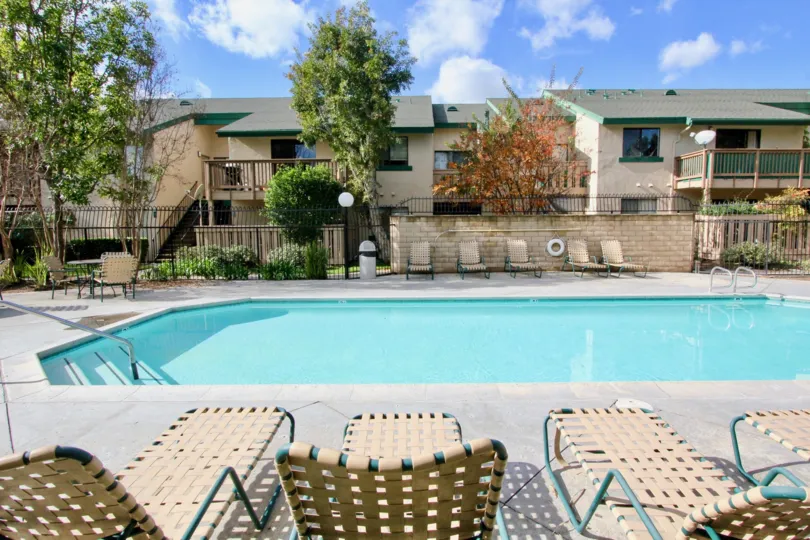 A swimming pool outside residences at Park Glenwood, in Garden Grove, California.
