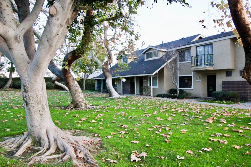The grassy lawn and trees at Stonegate in Garden Grove, California