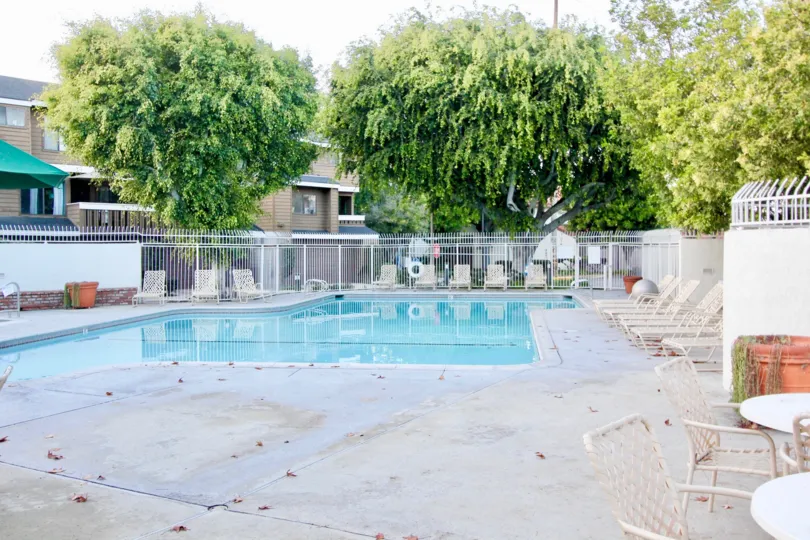 THIS IMAGE SHOWS THE BEAUTIFUL SWIMMING POOL WITH LOT OF CHAIRS, TREES SHOWN IN THE VILLAS