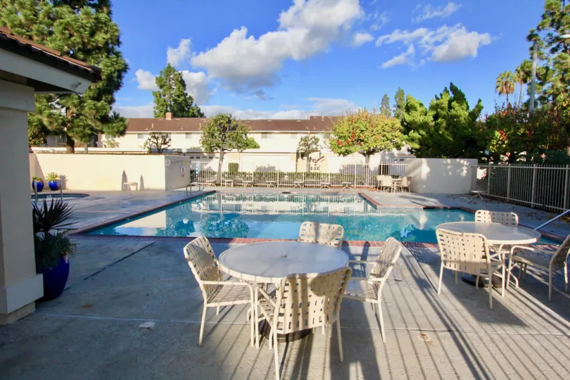the pool and tables on a sunny day in valley view park garden grove cailfornia