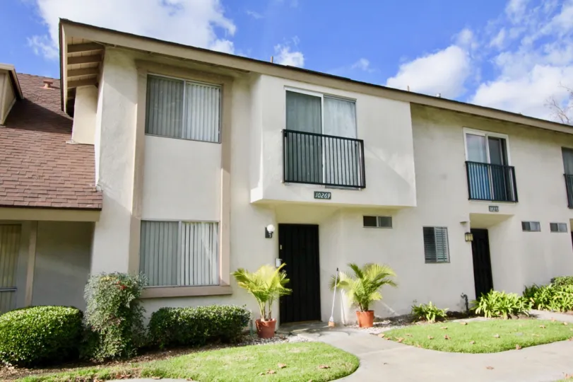 Two-story apartments and their front yards at Westbrook, in Garden Grove, California.